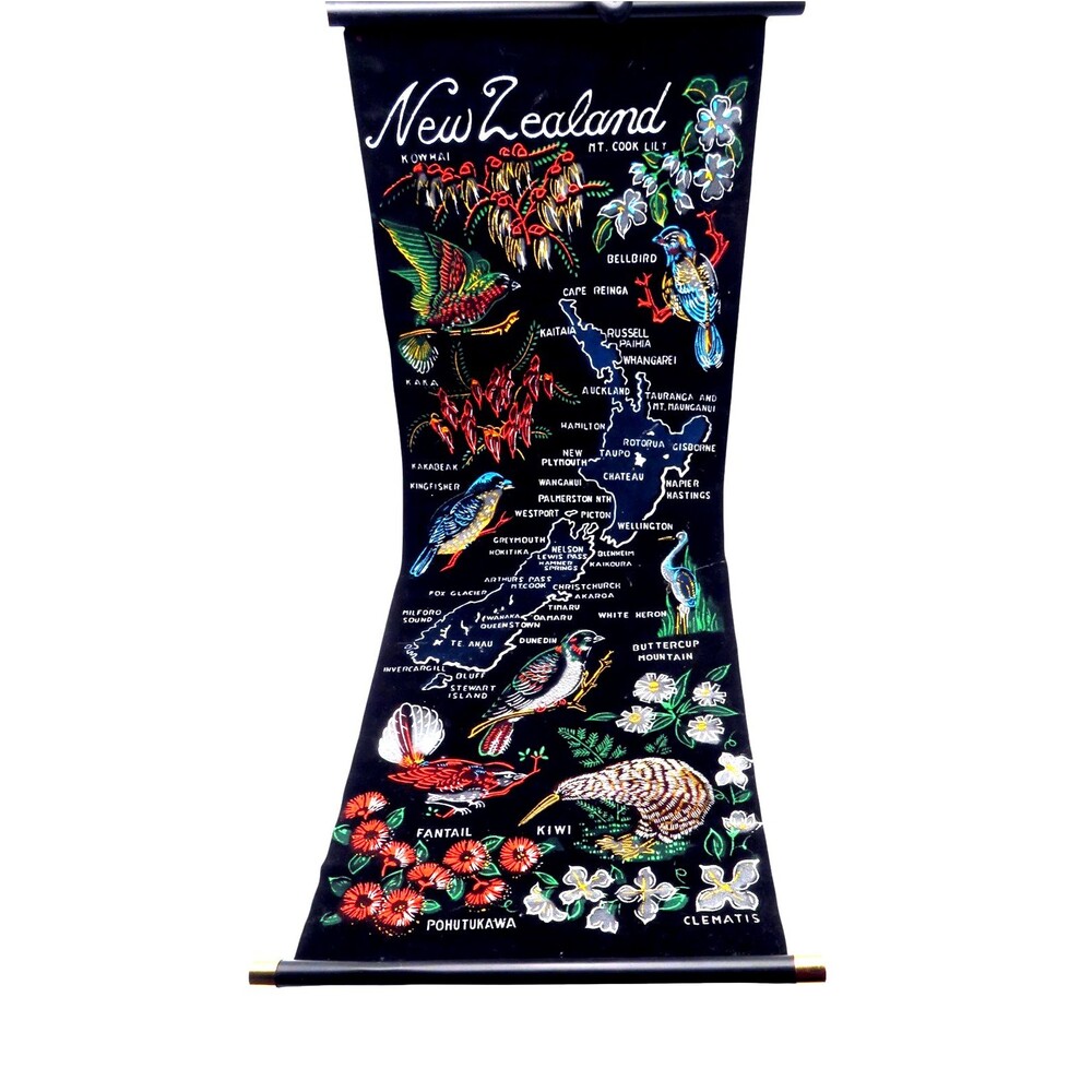 Vintage New Zealand Black Velvet Wall Hanging Scroll Map Kiwi Birds Flora 32.5"